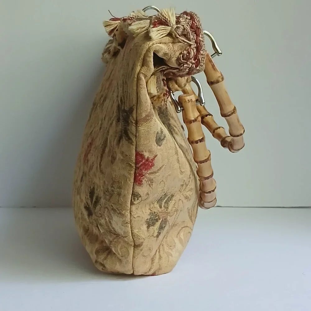 Golden Yellow Floral Brocade Fabric Bamboo Handled Satchel Bag ~ Lovely!
